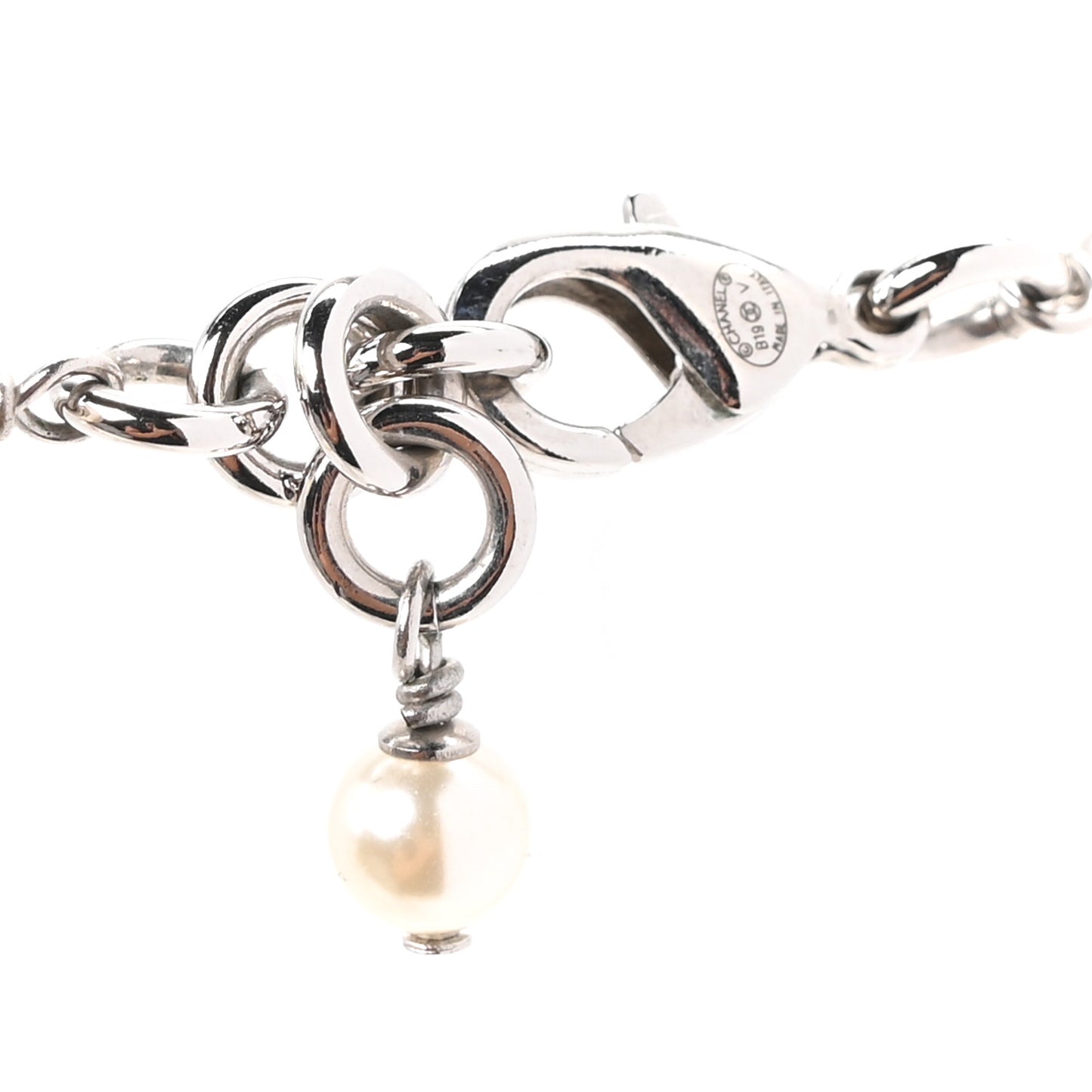 Graduated Pearl Crystal CC Long Necklace Silver