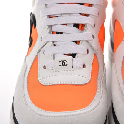 Chanel Suede Calfskin Lambskin Neoprene High Top CC Sneakers 37 White Fluo Orange 7 of 12