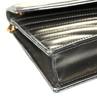 Saint Laurent Metallic Grain De Poudre Matelasse Chevron Monogram Envelope Chain Wallet Piombo Black 5 of 9