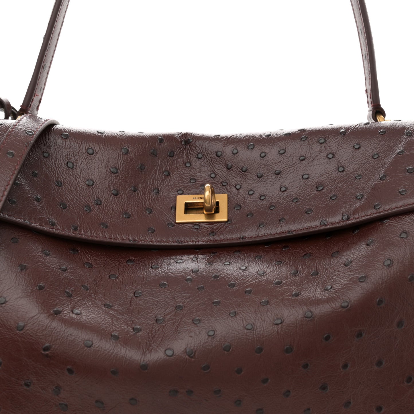 Shiny Calfskin Ostrich Embossed Medium Rodeo Top Handle Handbag Brown