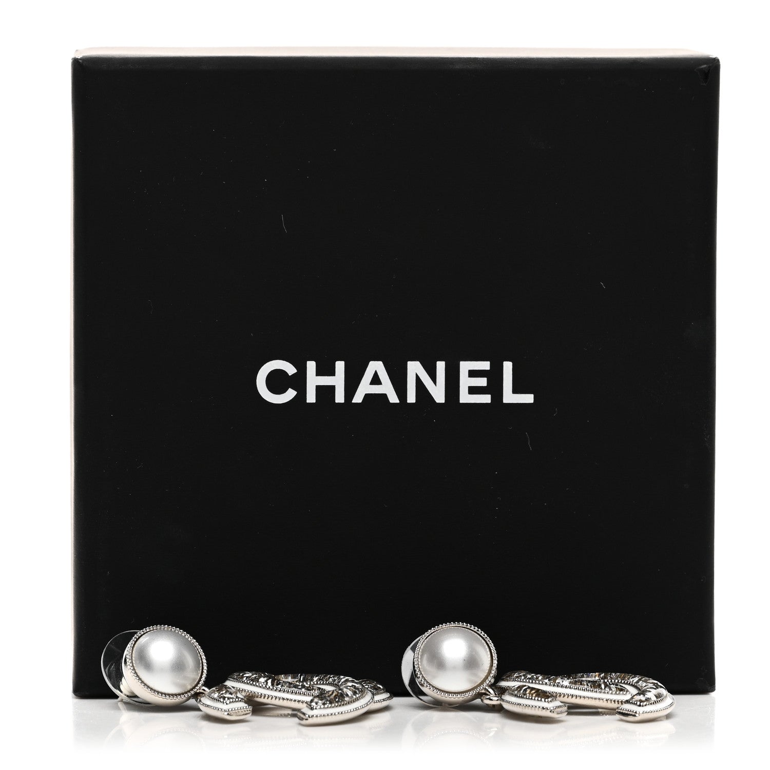 Chanel Pearl Crystal CC Drop Earrings Silver 5 of 5