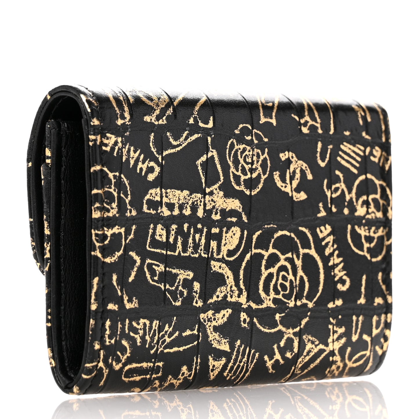 Calfskin Crocodile Embossed Graffiti 2.55 Crocodile Reissue Flap Card Holder Black Gold