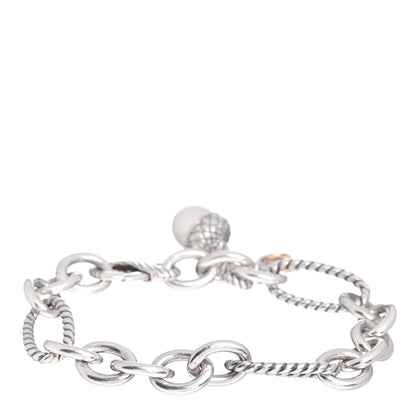 David Yurman Sterling Silver 18K Yellow Gold Pearl Acorn Figaro Link Charm Bracelet 3 of 4