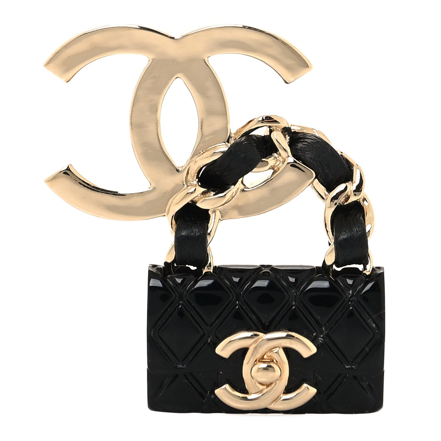 Chanel Resin Lambskin CC Flap Bag Brooch Gold Black 1 of 3