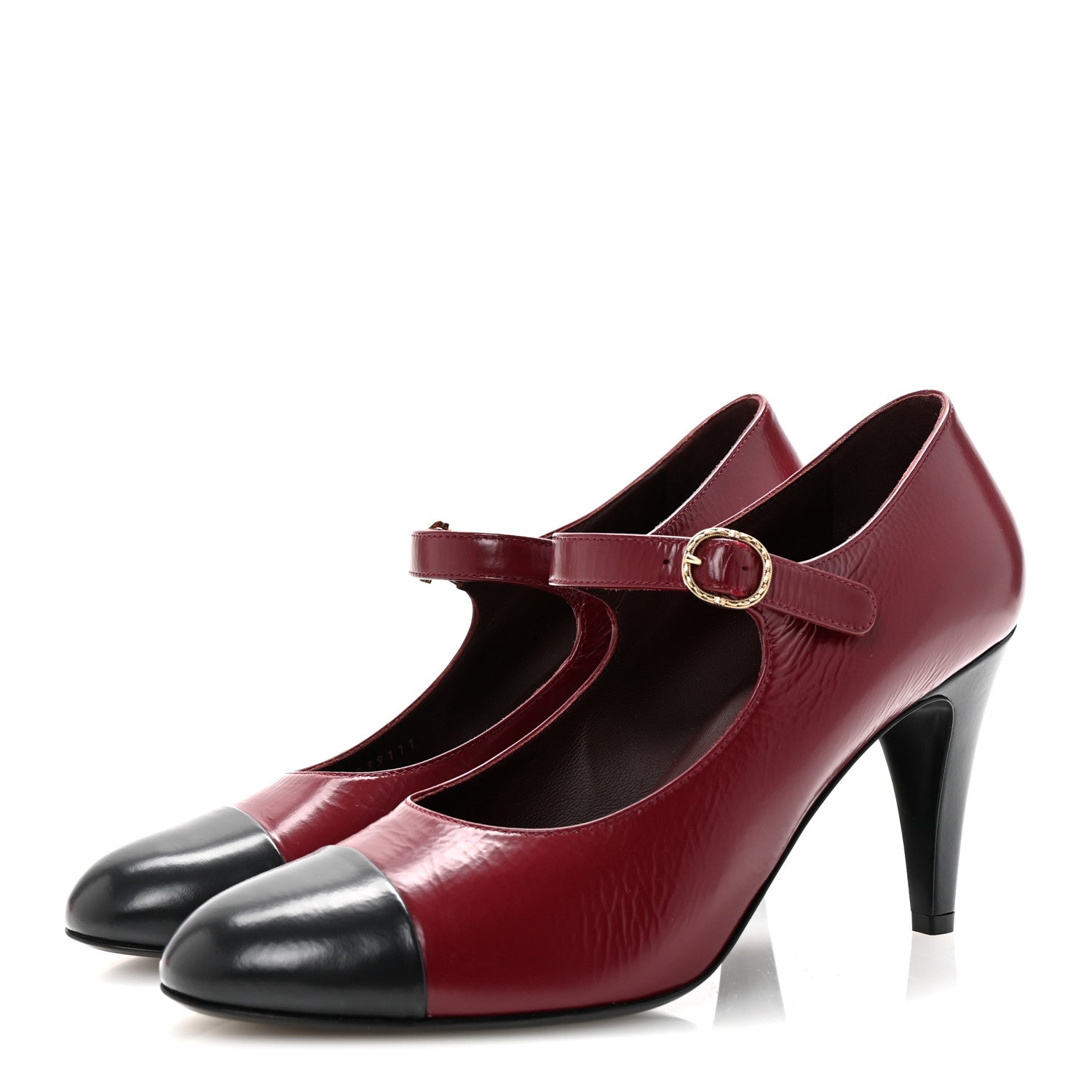 Chanel Shiny Goatskin Cap Toe Mary Jane Pumps 40 Burgundy Dark Grey 4 of 10
