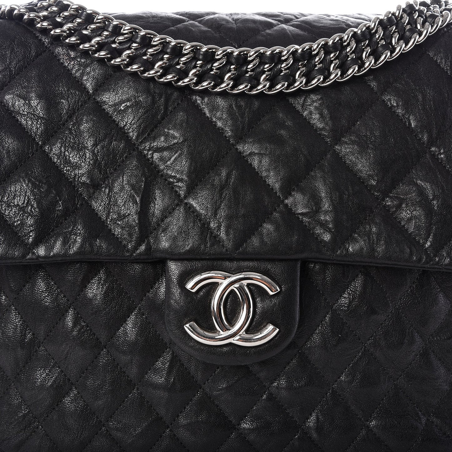 Washed Lambskin Quilted Maxi Chain Around Flap Black