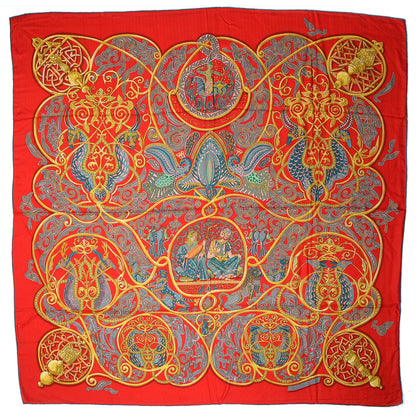 Hermes Cashmere Silk La Charmante Aux Animaux Scarf 140 Rouge Ardoise Vieil Or 3 of 7
