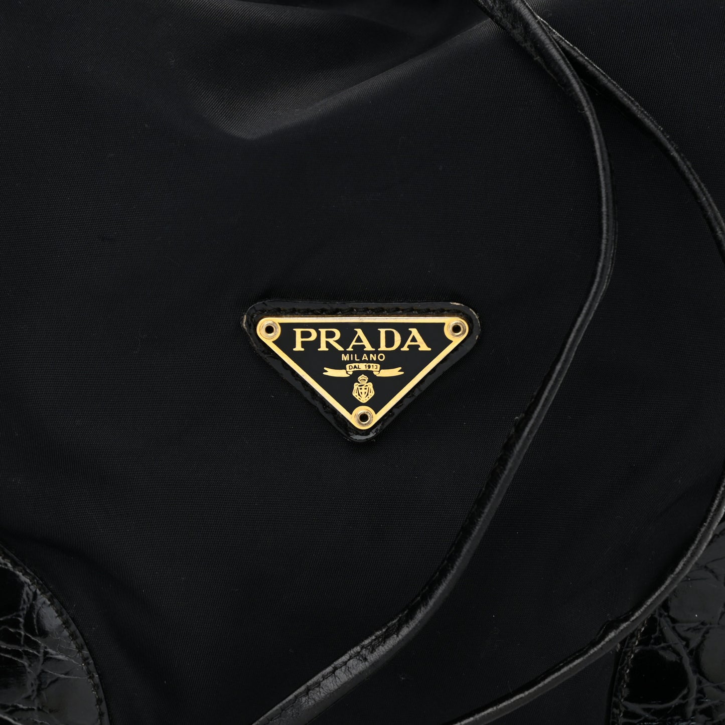 Tessuto Nylon Crocodile Embossed Calfskin Bucket Bag Black