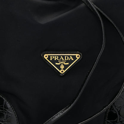 Prada Tessuto Nylon Crocodile Embossed Calfskin Bucket Bag Black 8 of 12