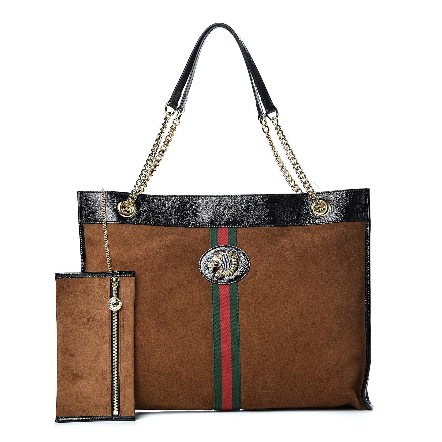 Suede Patent Large Rajah Chain Tote Nocciola Black