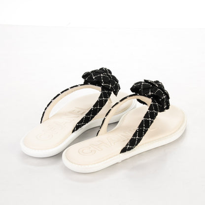 Chanel Tweed Quilted Camellia Thong Sandals 36 Black White 4 of 7