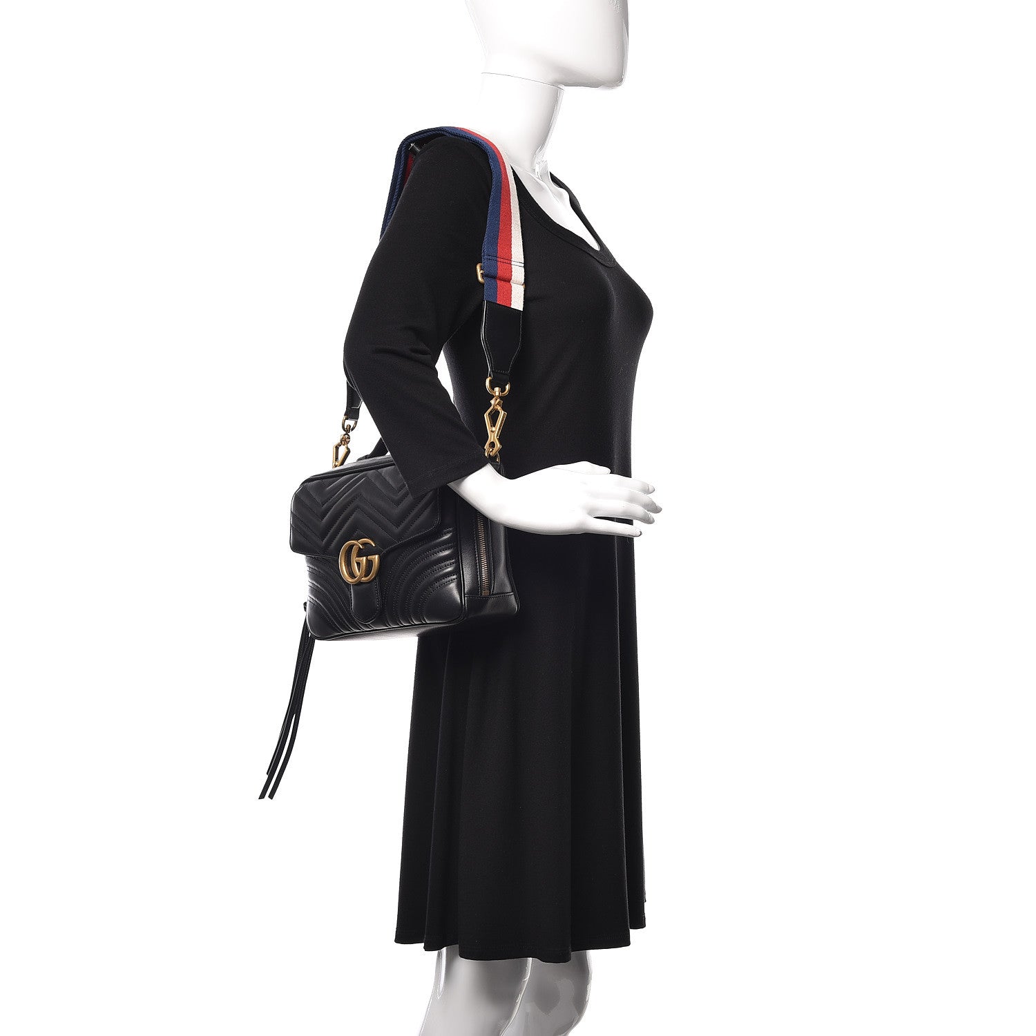 Gucci Calfskin Matelasse Sylvie Web Small GG Marmont Top Handle Shoulder Bag Black 2 of 9