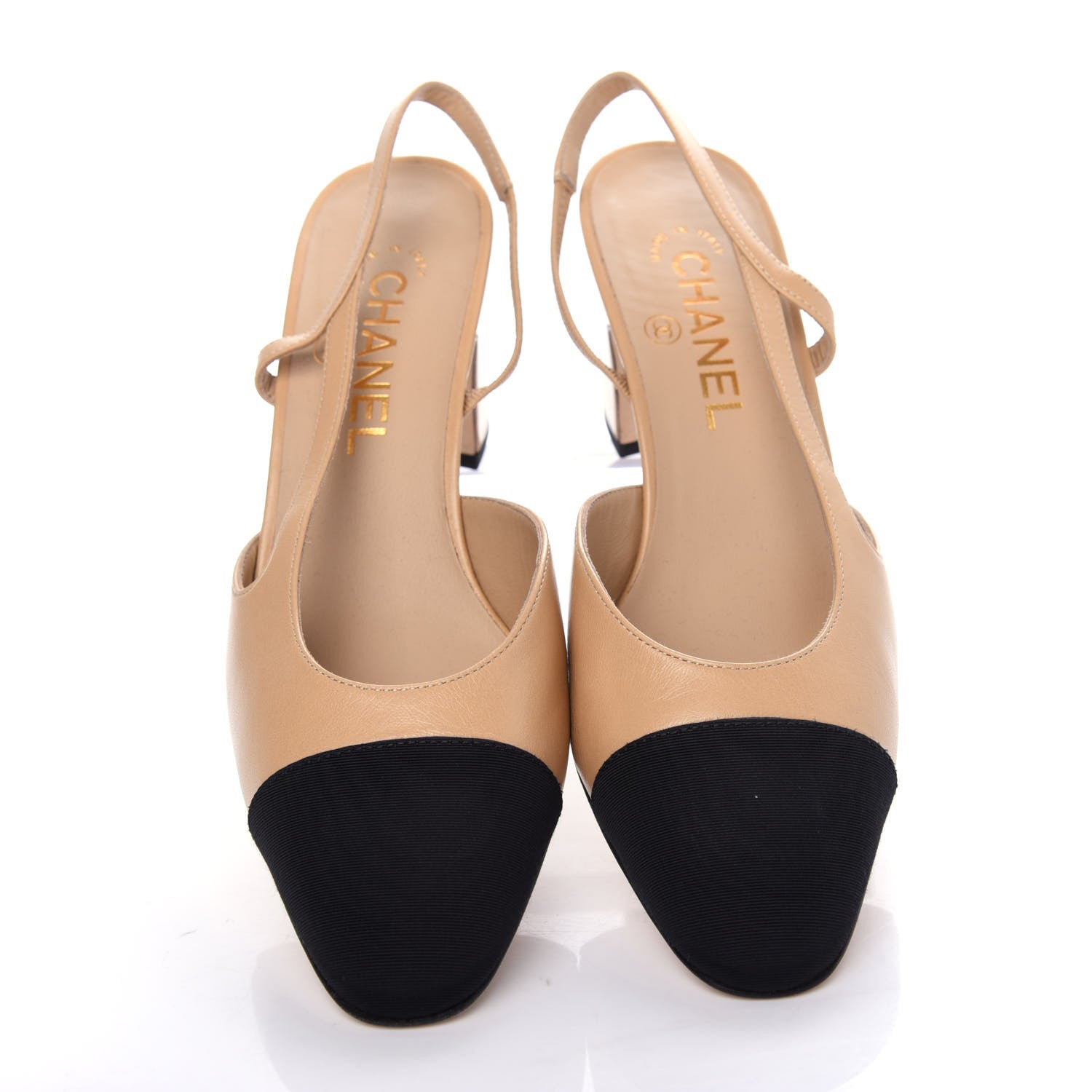 Chanel Goatskin Grosgrain Cap Toe CC Slingback Pumps 38.5 Beige Black 5 of 11