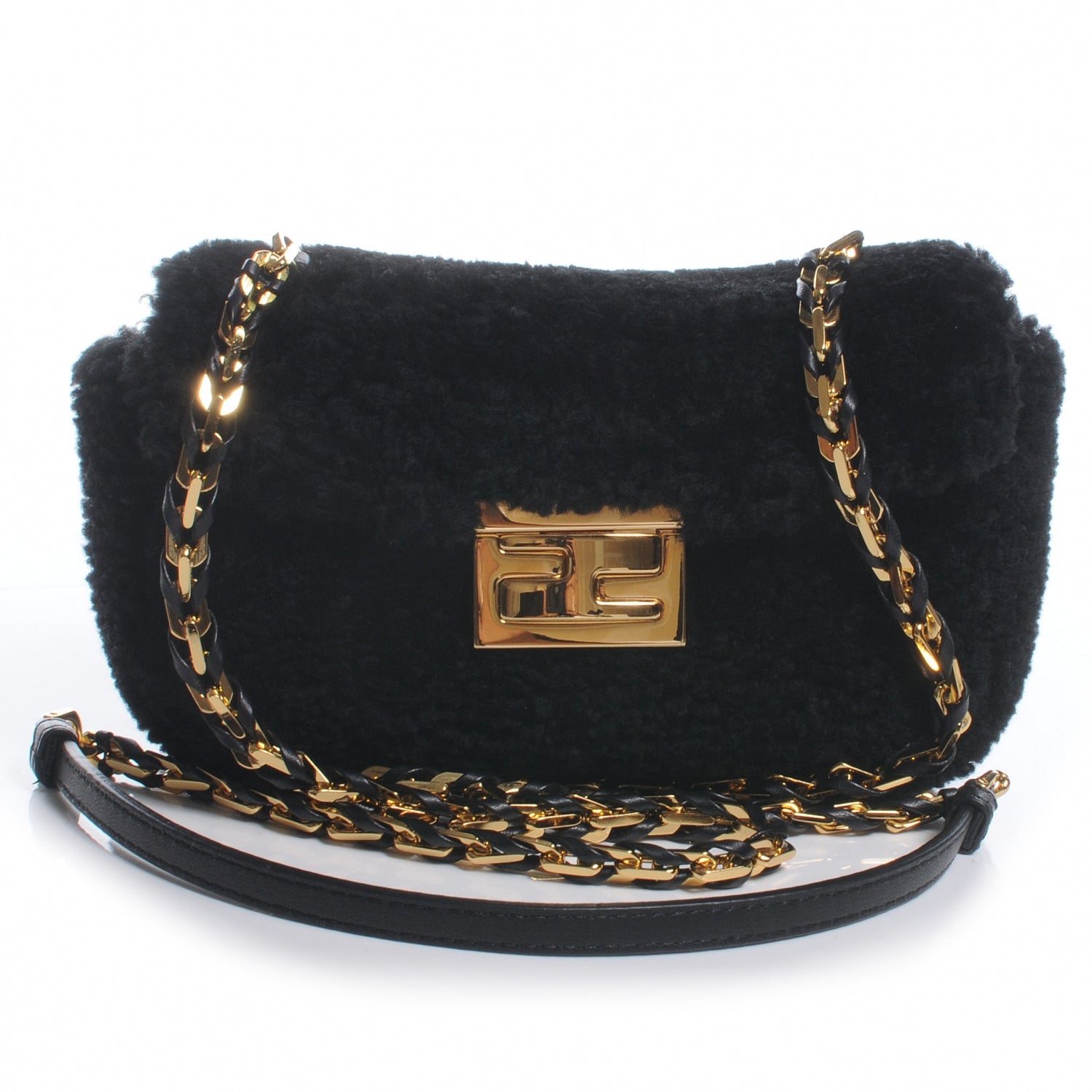 Fendi Shearling Nappa Mini Be Baguette Shoulder Bag Black 1 of 9