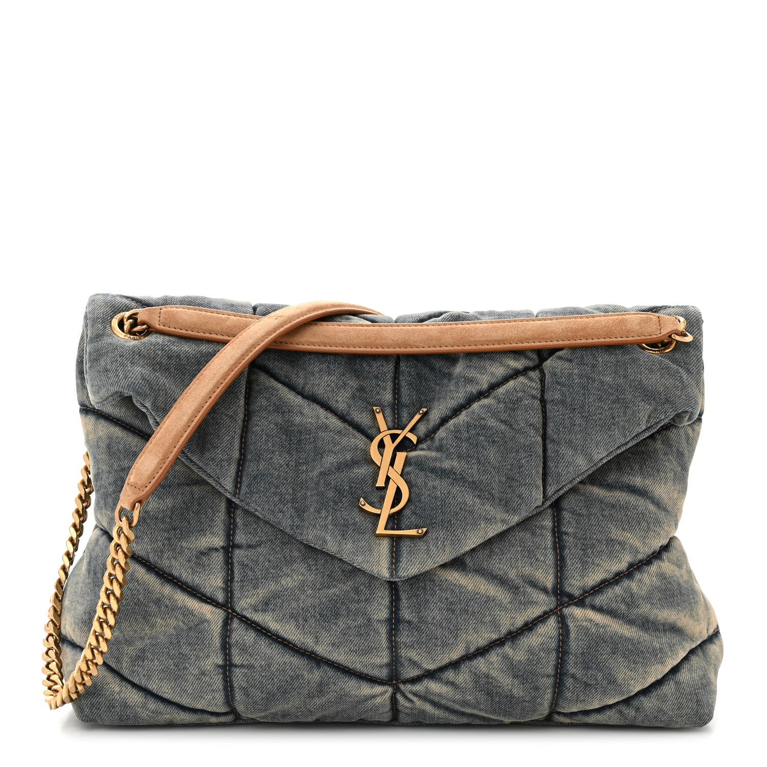 Saint Laurent Denim Quilted Medium Loulou Puffer Monogram Chain Satchel Blue Cinnamon 1 of 11