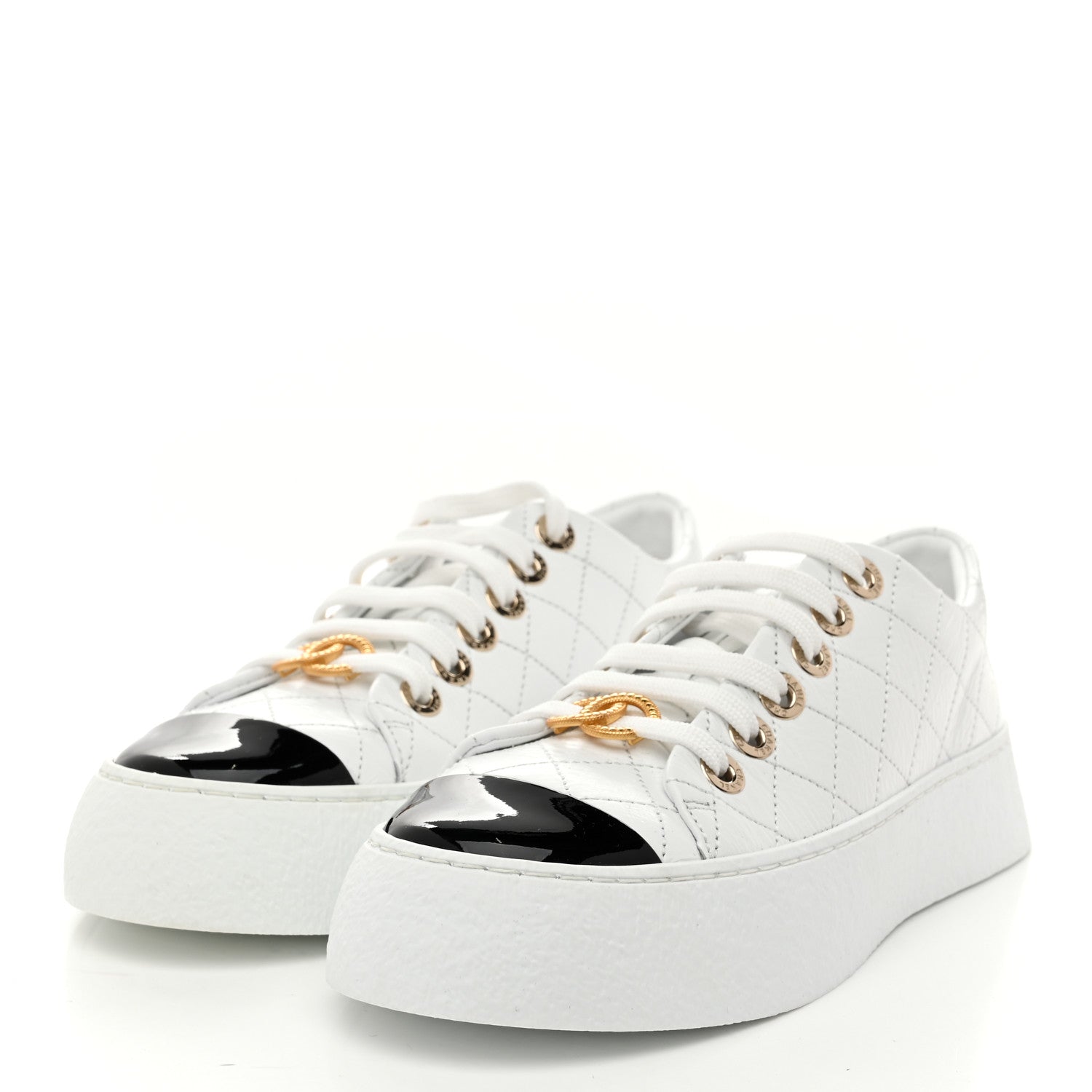 Chanel Crumpled Lambskin Patent Cap Toe CC Stitched Sneakers 35.5 White Black 4 of 10