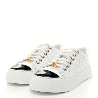 Chanel Crumpled Lambskin Patent Cap Toe CC Stitched Sneakers 35.5 White Black 4 of 10