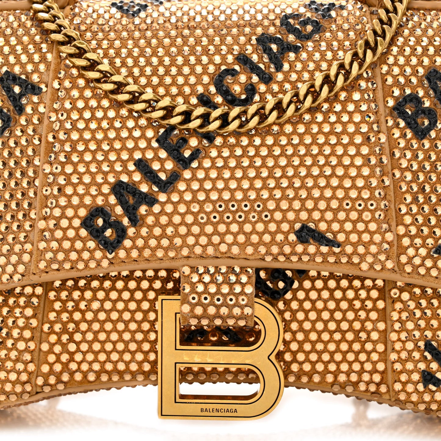 Strass Suede Allover Logo Hourglass Top Handle Bag XS with Chain Gold Black