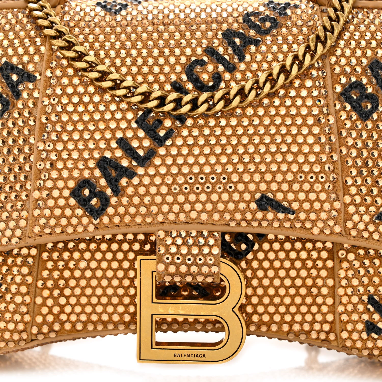 Balenciaga Strass Suede Allover Logo Hourglass Top Handle Bag XS with Chain Gold Black 9 of 14