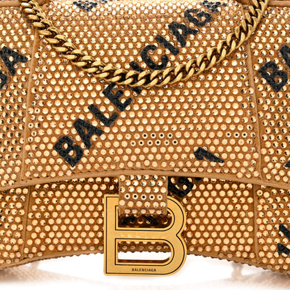 Balenciaga Strass Suede Allover Logo Hourglass Top Handle Bag XS with Chain Gold Black 9 of 14