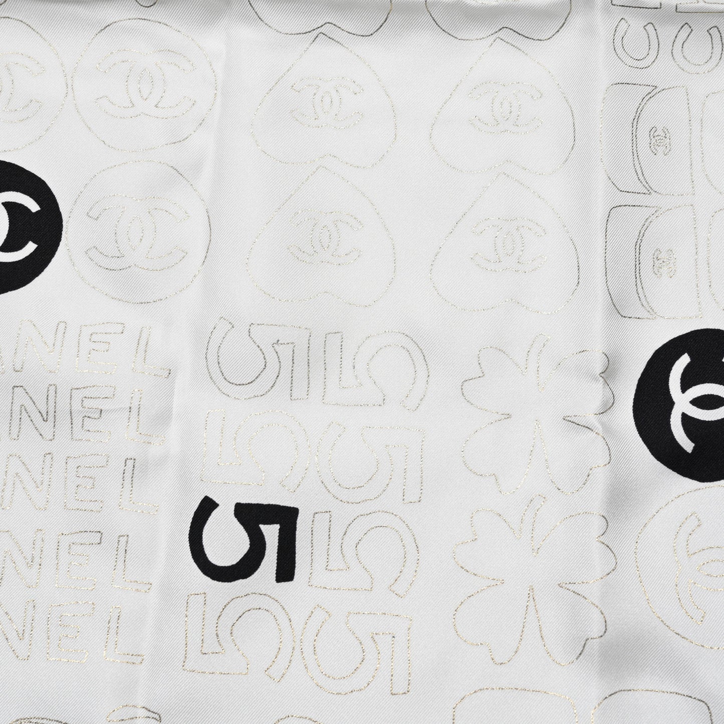 Silk CC Logo Charms Scarf White Gold Black