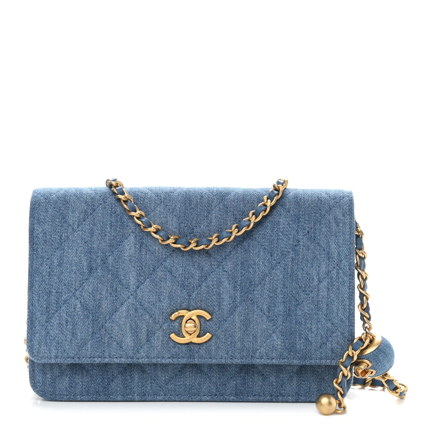 Chanel Denim Quilted CC Pearl Crush Wallet On Chain WOC Blue 1 of 10