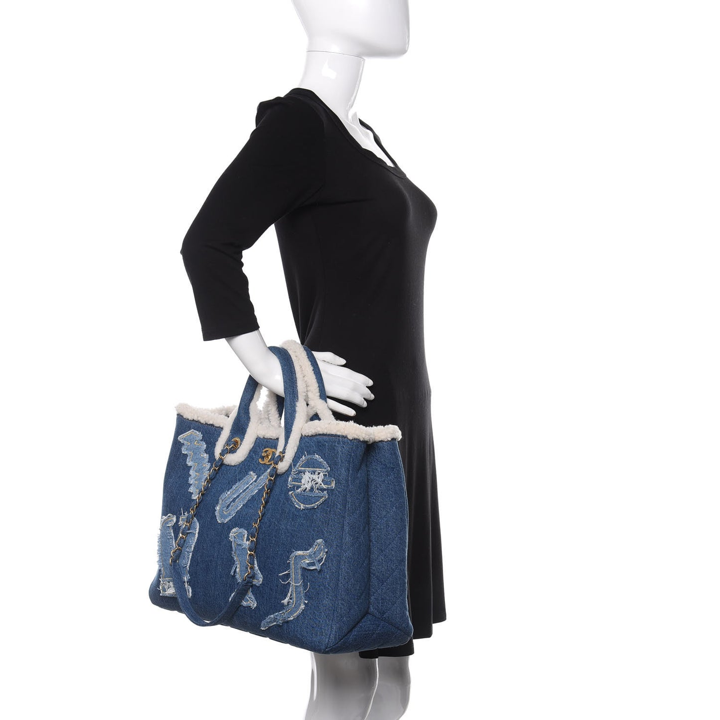 Denim Shearling Hieroglyph Coco Tote Blue