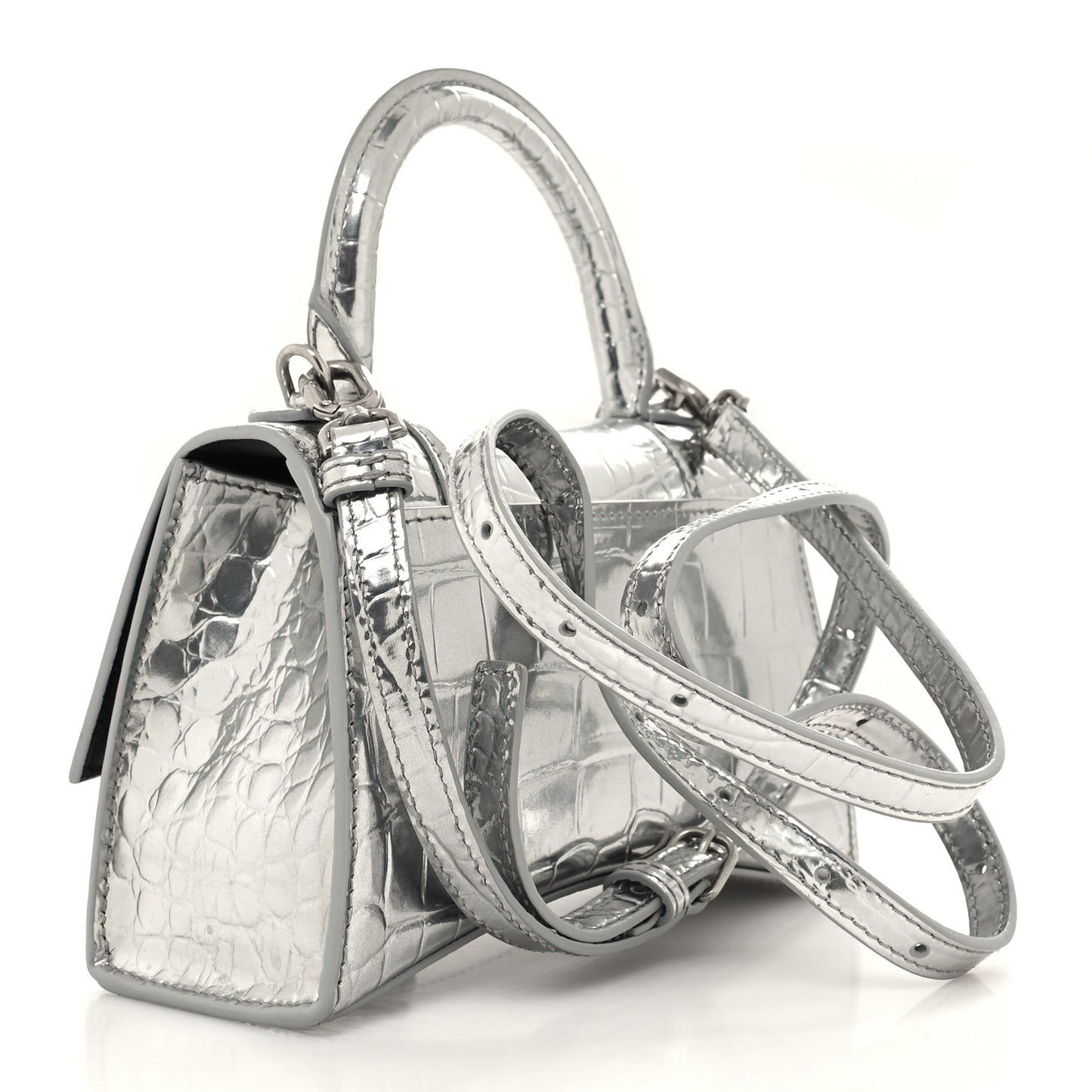 Metallic Calfskin Crocodile Embossed Crystal Hourglass Top Handle Bag XS Silver
