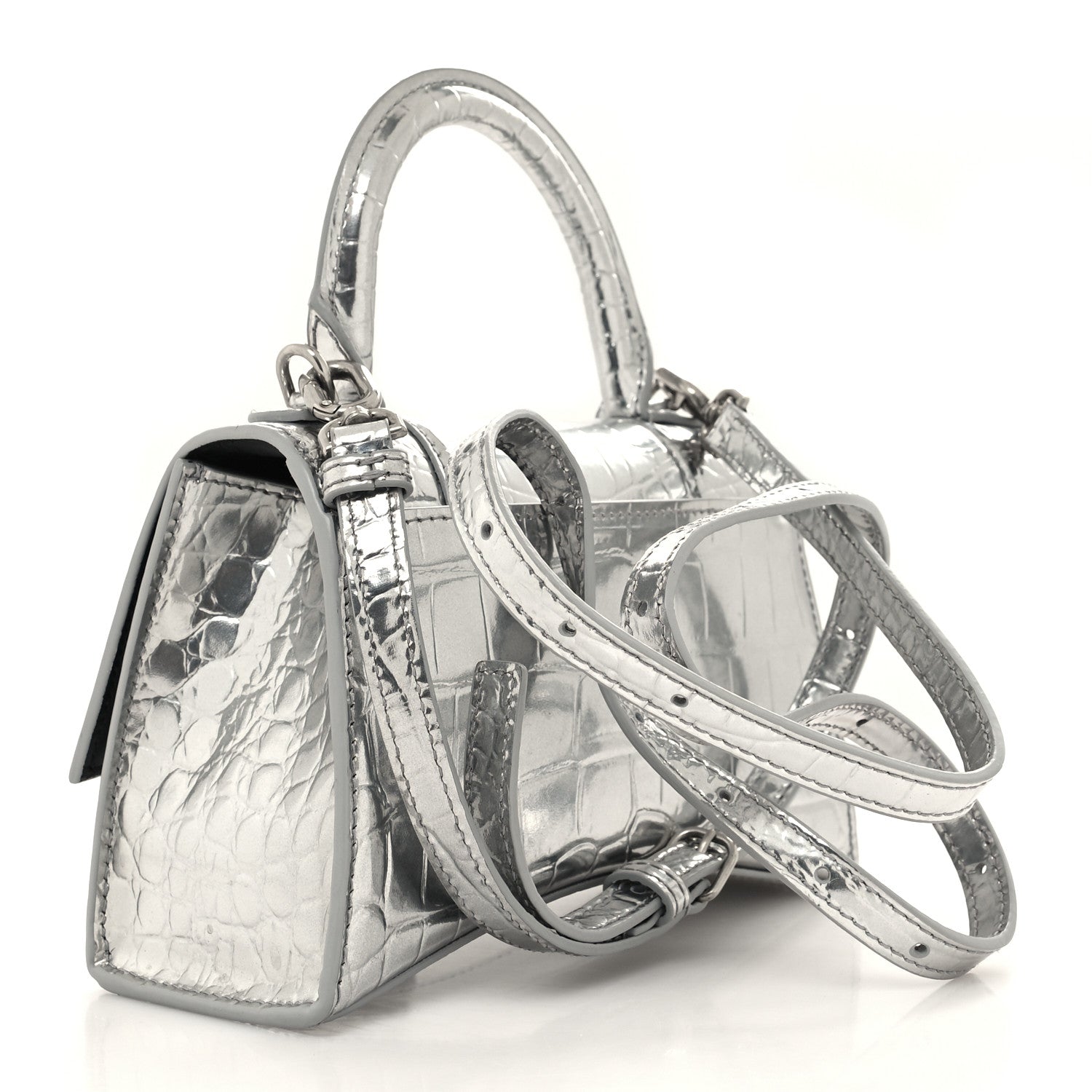 Balenciaga Metallic Calfskin Crocodile Embossed Crystal Hourglass Top Handle Bag XS Silver 3 of 10