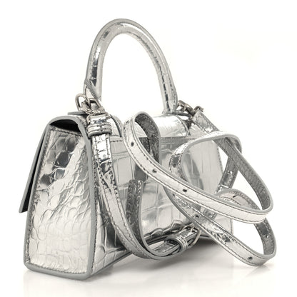 Balenciaga Metallic Calfskin Crocodile Embossed Crystal Hourglass Top Handle Bag XS Silver 3 of 10