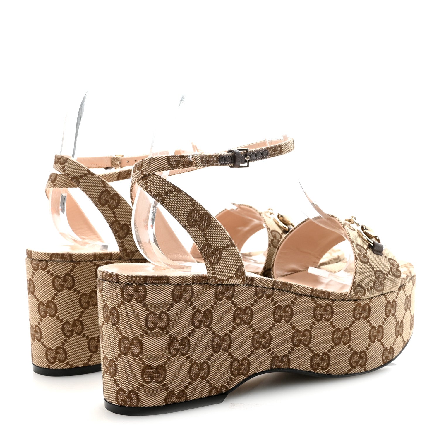 Gucci Monogram Nappa Chalotte Horsebit Ankle Strap 75mm Flatform Sandals 40 Beige Ebony 9 of 18