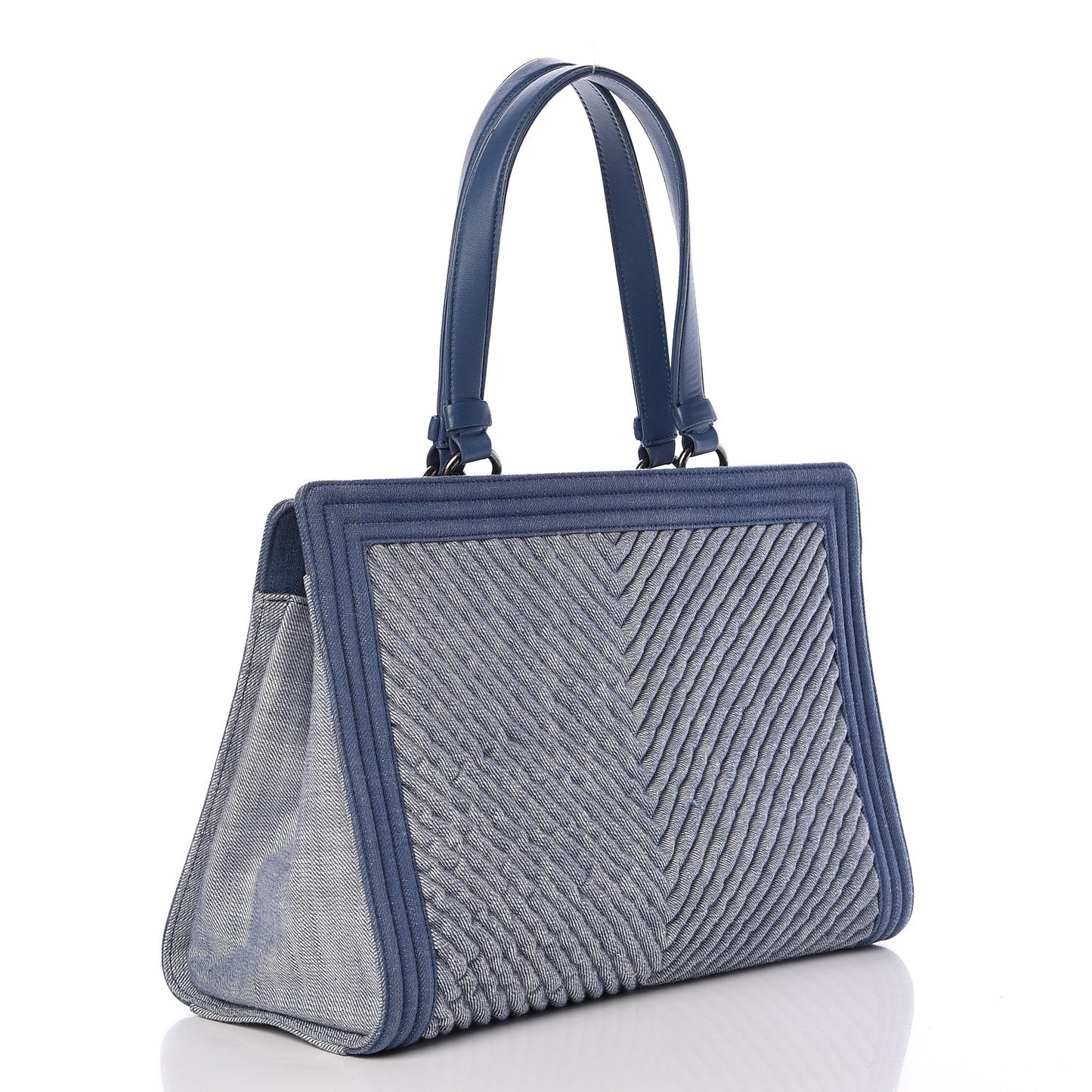Denim Chevron Quilted Large Boy Shopping Tote Light Blue