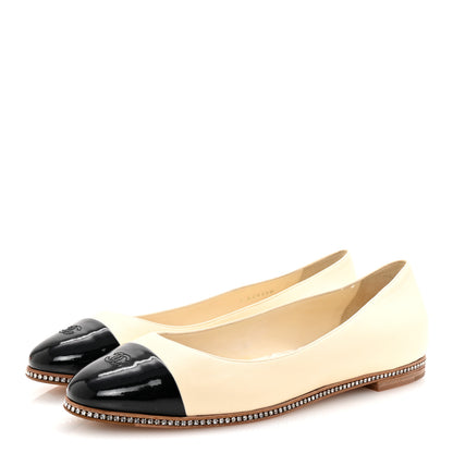 Chanel Patent Lambskin Crystal CC Cap Toe Ballerina Flats 40 Beige Black 4 of 9