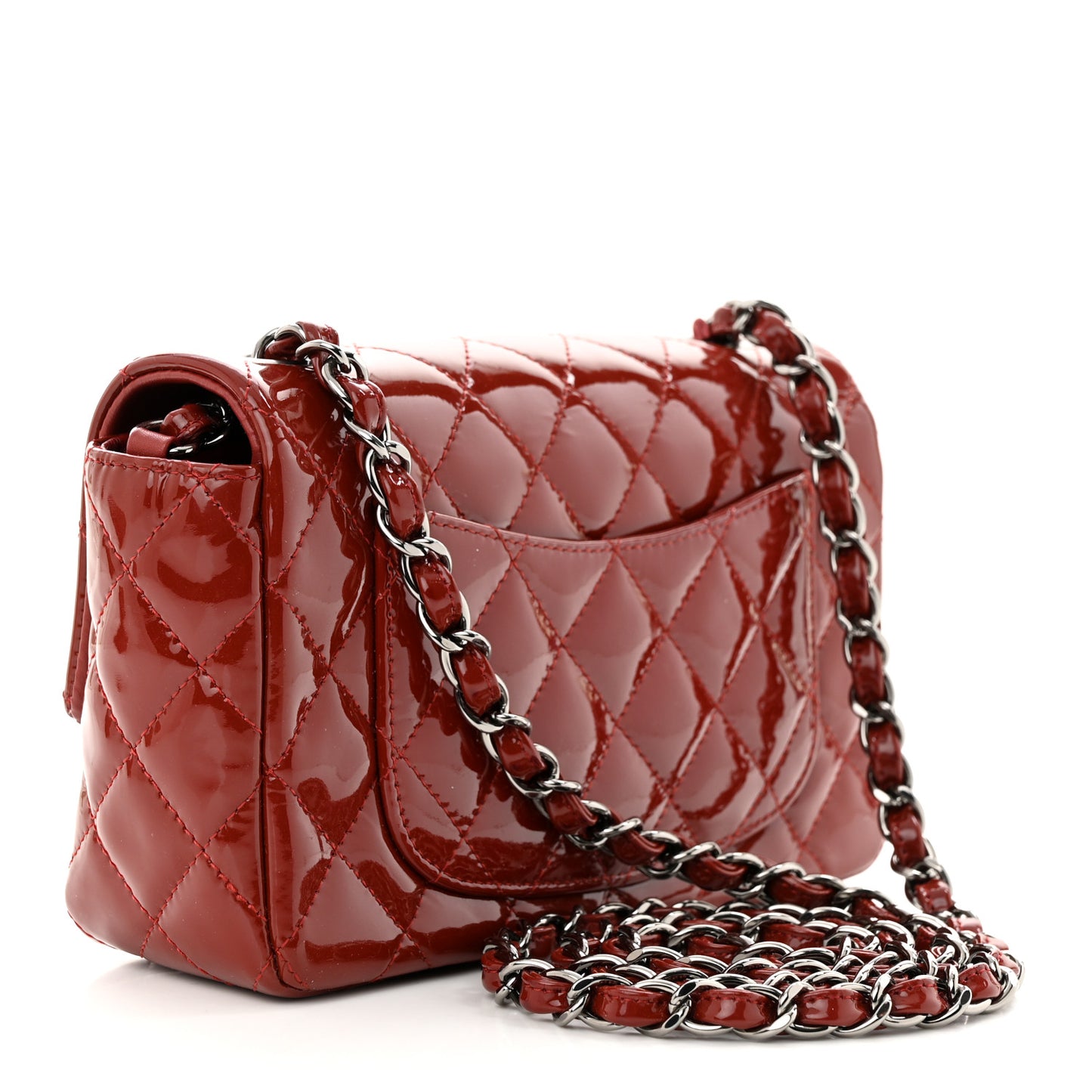 Patent Calfskin Quilted Mini Rectangular Flap Dark Red