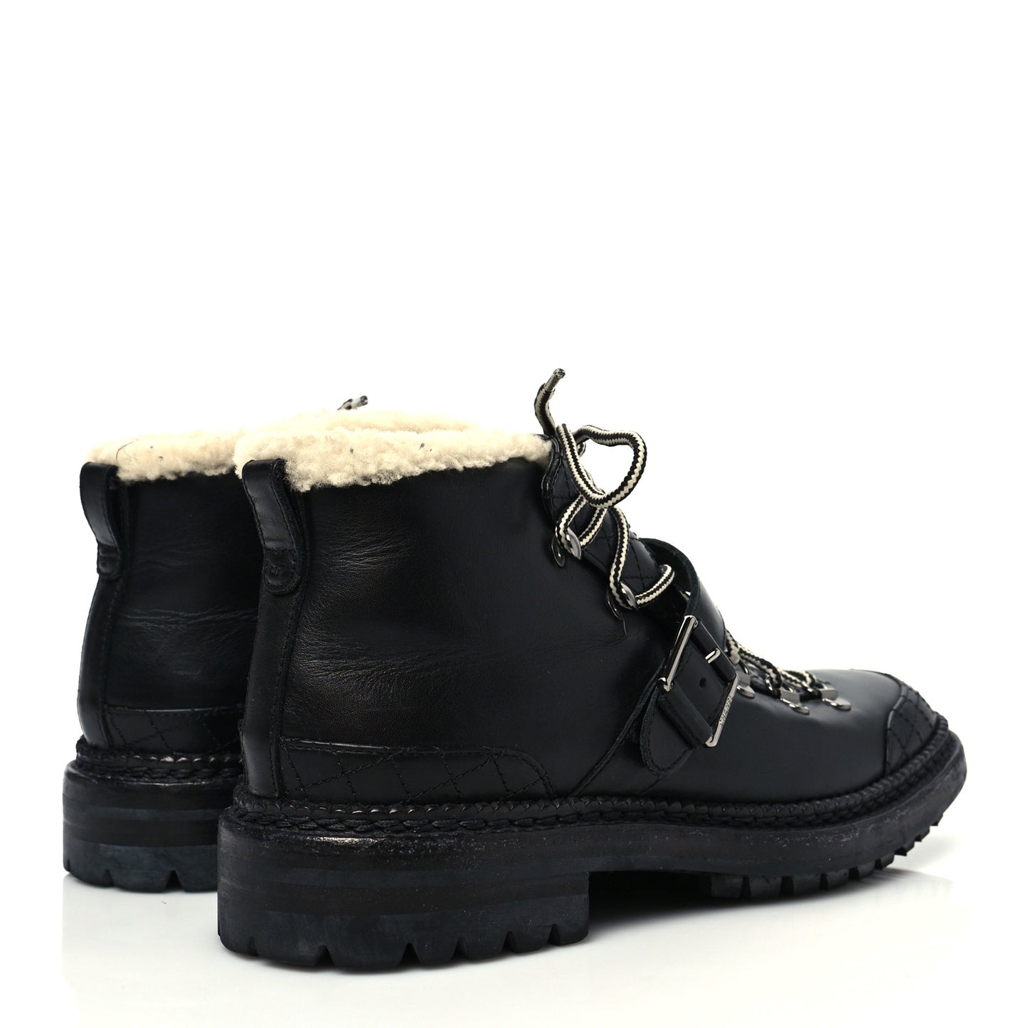 Shearling Calfskin Lace Up Short Boots 39.5 Black