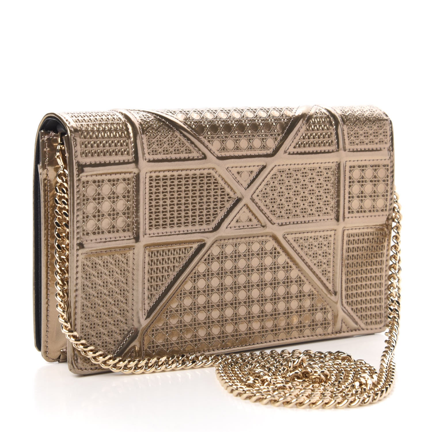 Christian Dior Metallic Patent Micro-Cannage Diorama Wallet on Chain Pouch Gold 3 of 9