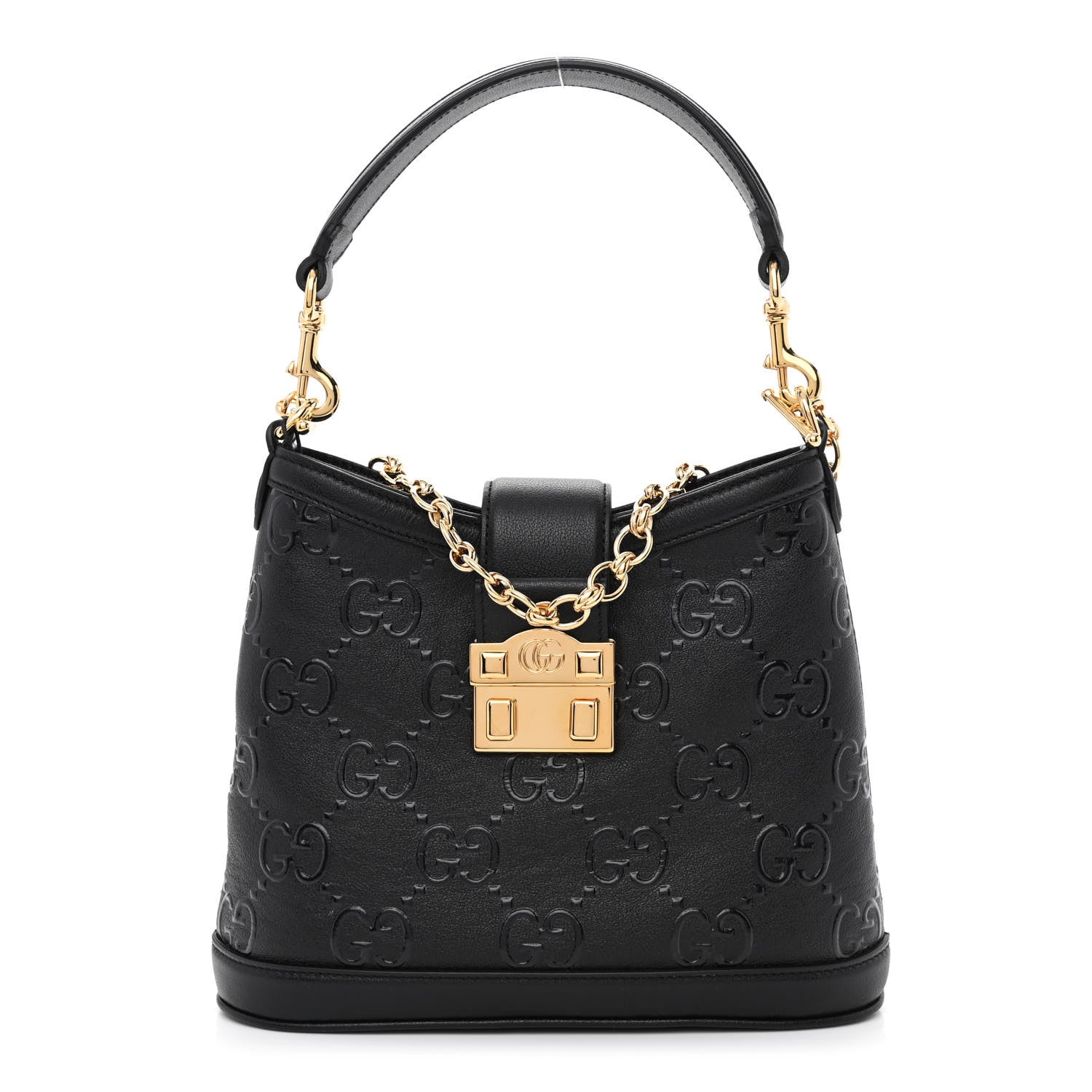 Gucci Wonka Grain Calfskin GG Monogram Debossed Small Padlock Shoulder Bag Black 1 of 10