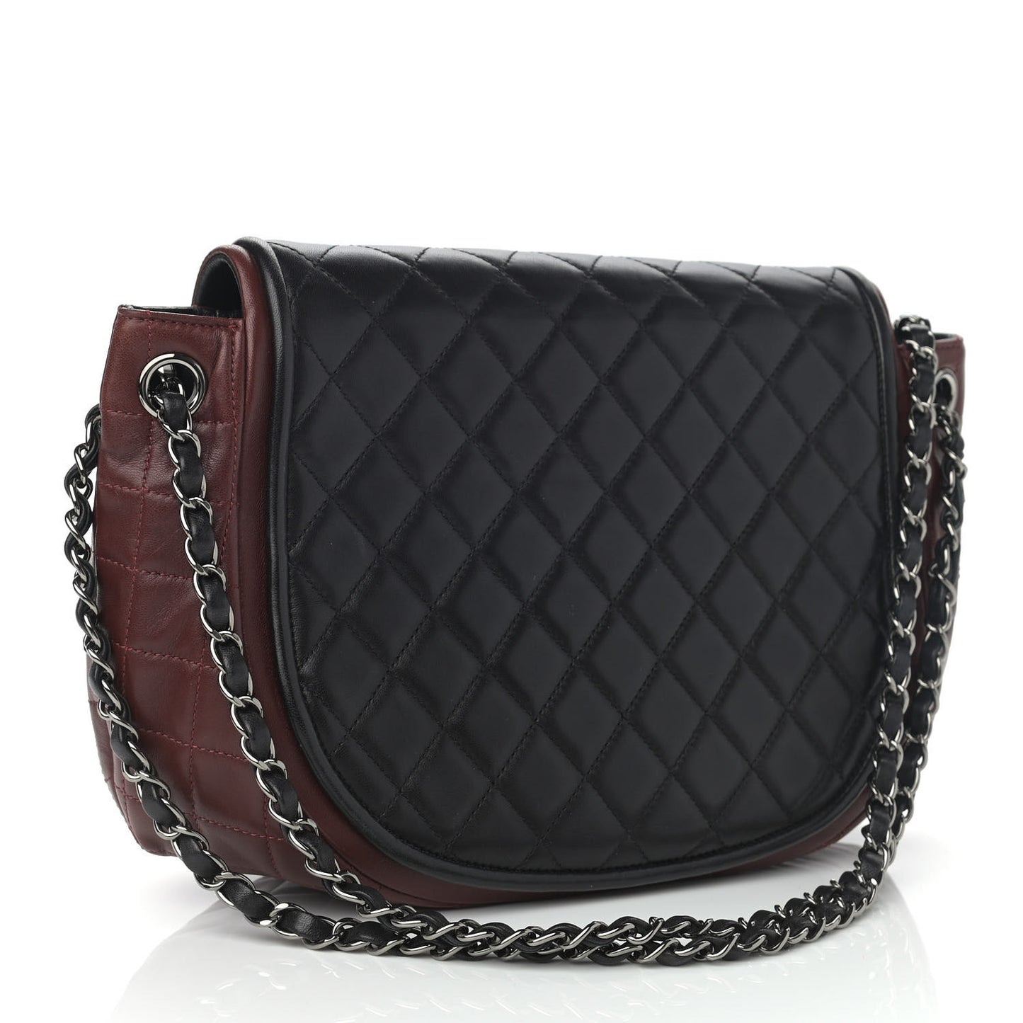 Lambskin Quilted Large Classic Twist Crescent Flap Black Burgundy