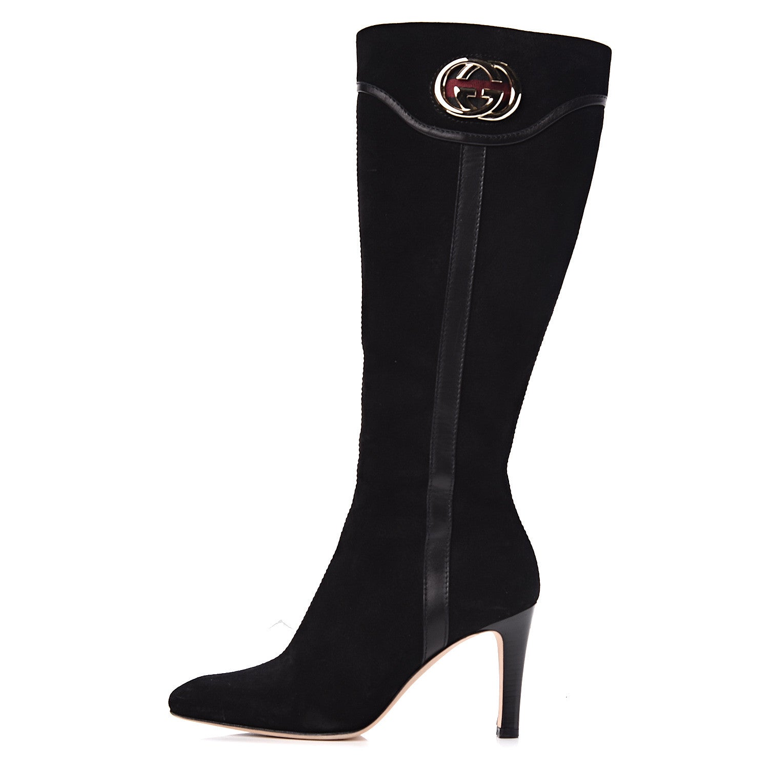Gucci Suede Calfskin Interlocking G Knee High Web Boots 8 Black 1 of 12