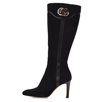 Gucci Suede Calfskin Interlocking G Knee High Web Boots 8 Black 1 of 12