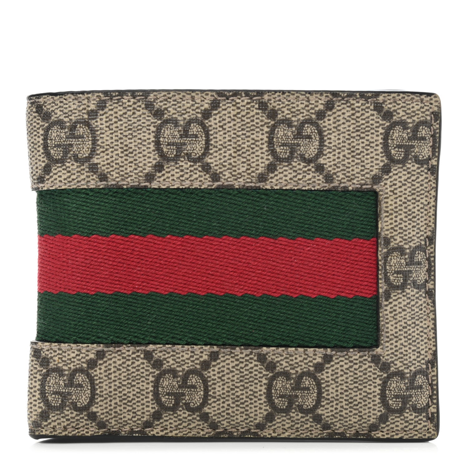 Gucci GG Supreme Monogram Selleria Calfskin Web New Web Bi-Fold Wallet Beige Ebony Cocoa 1 of 8