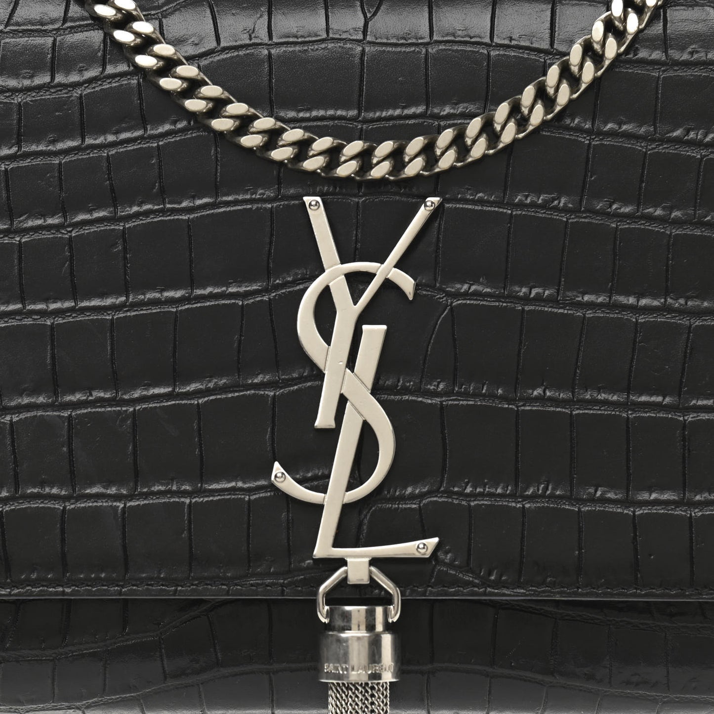 Calfskin Crocodile Embossed Medium Classic Monogram Kate Tassel Satchel Black