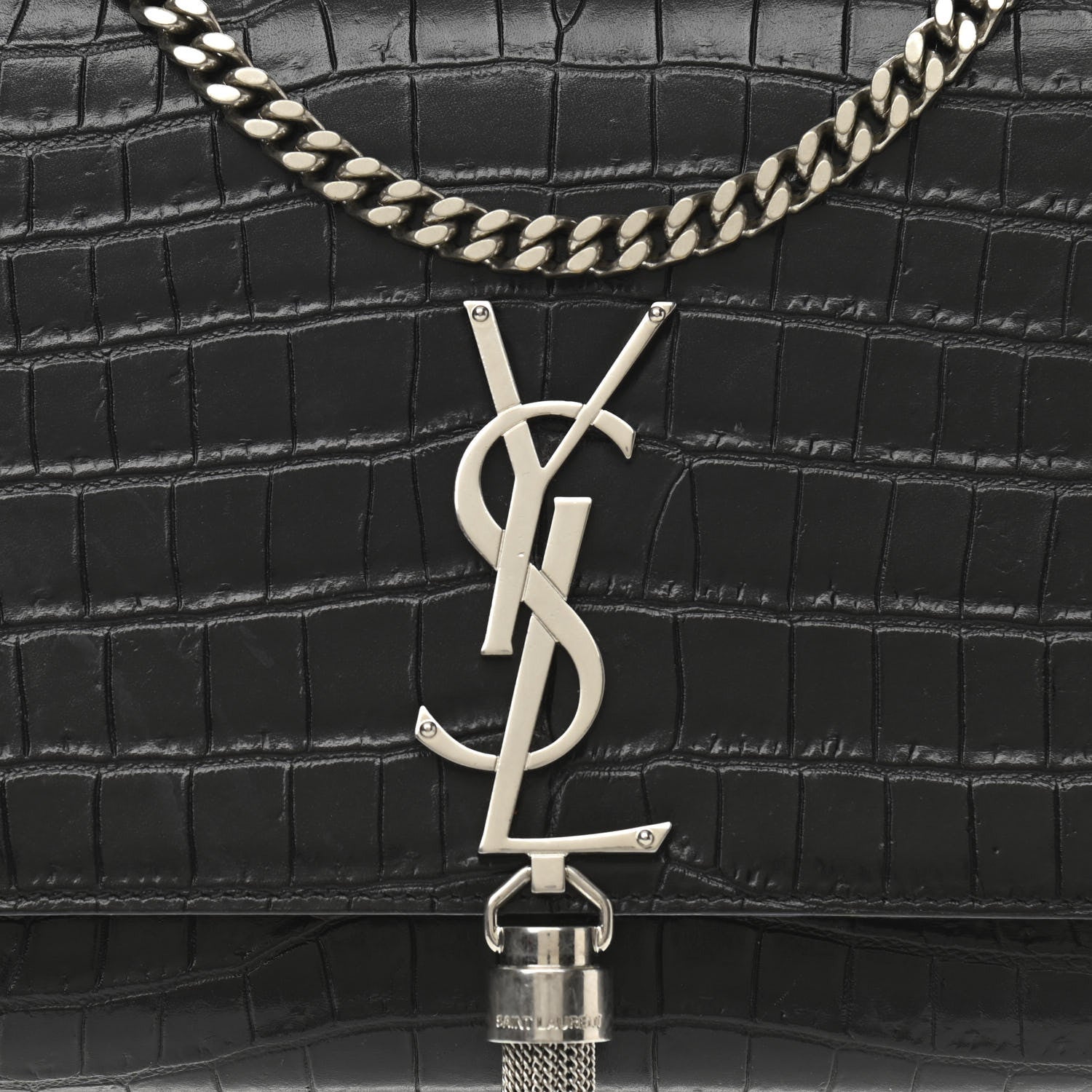 Saint Laurent Calfskin Crocodile Embossed Medium Classic Monogram Kate Tassel Satchel Black 7 of 10