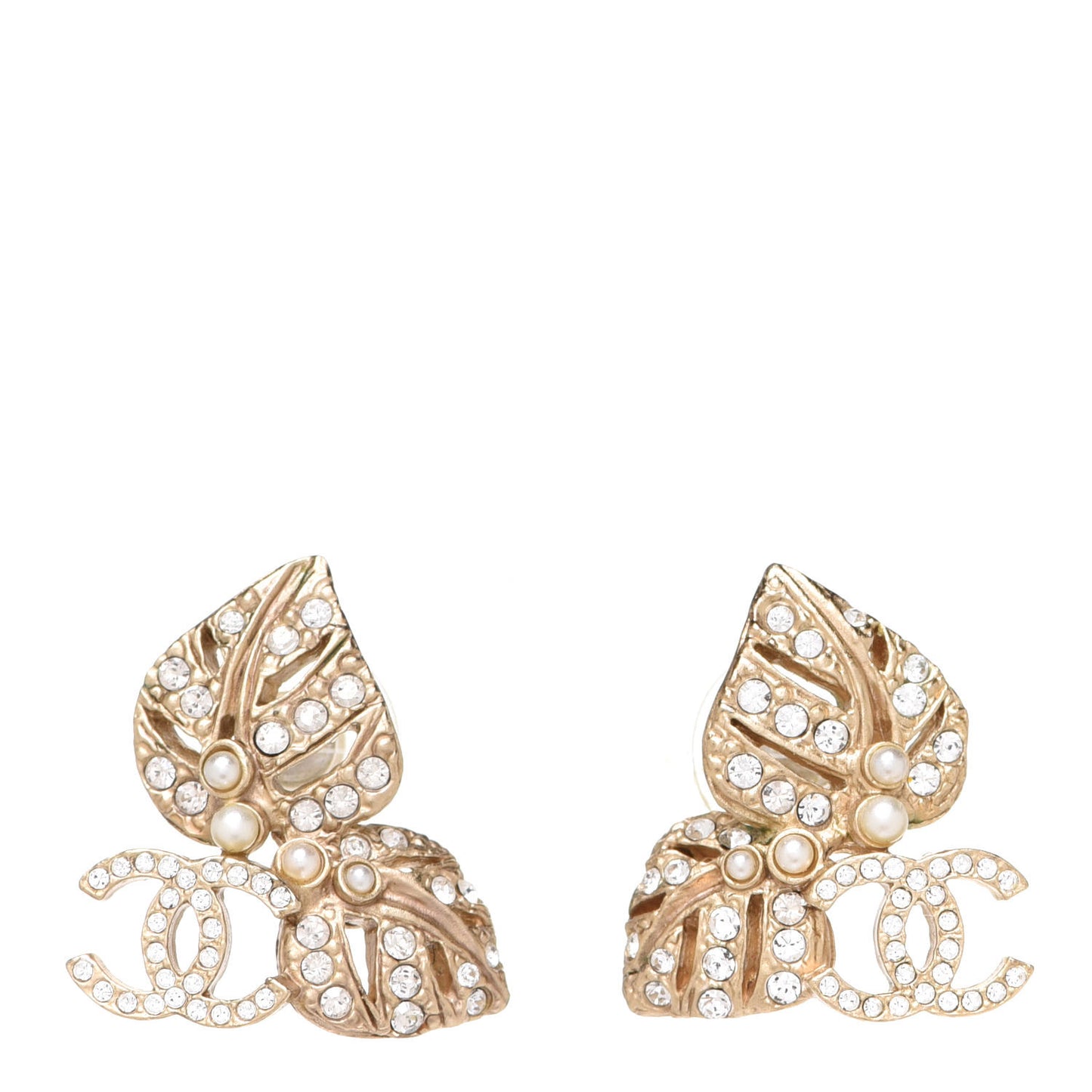 Crystal Pearl CC Leaf Earrings Gold