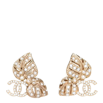 Chanel Crystal Pearl CC Leaf Earrings Gold 1 of 4