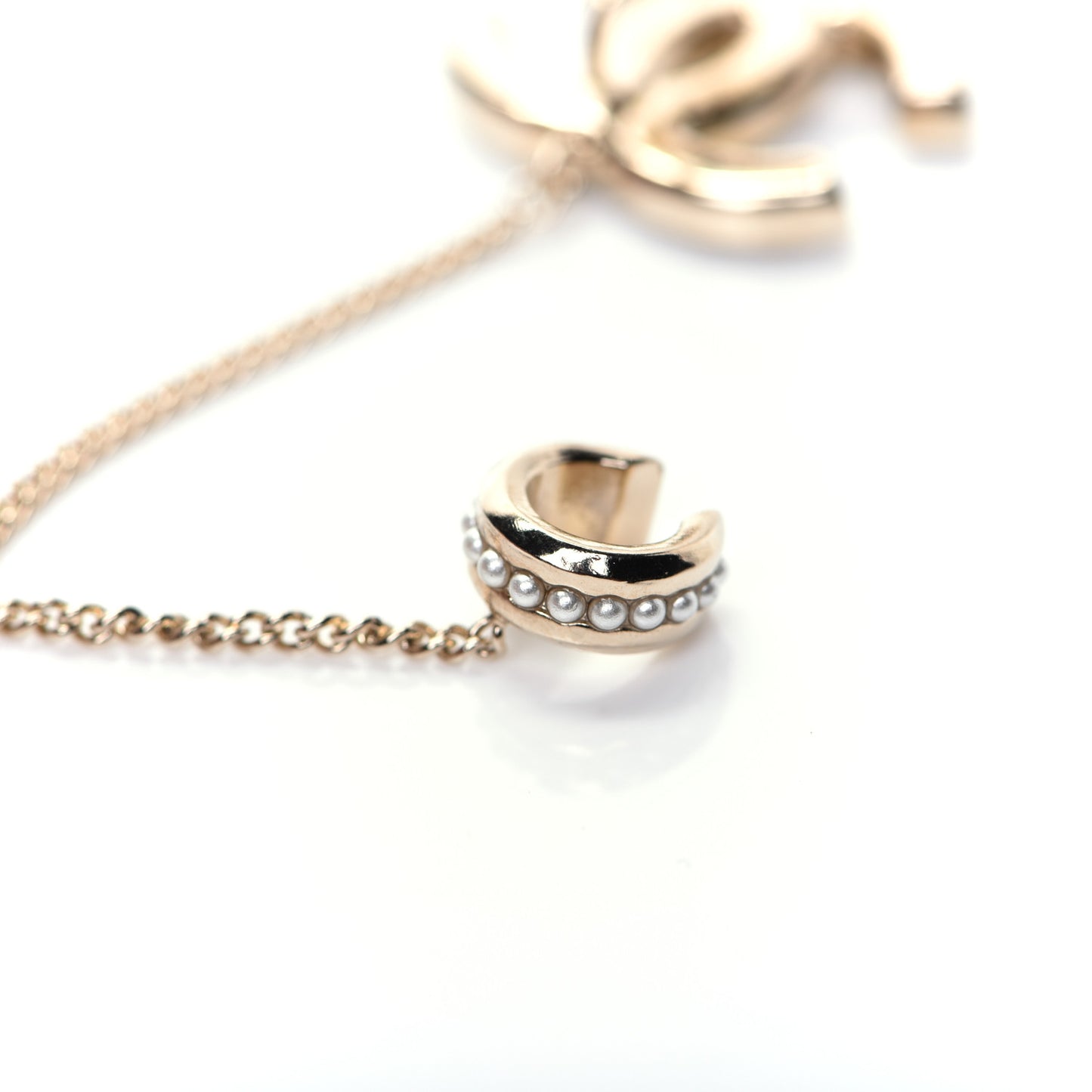Crystal CC Chain Cuff Single Clip On Earring Gold Pearly White