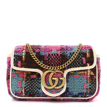 Gucci Tweed Calfskin Spicy Check Super Mini GG Marmont Shoulder Bag Pink Multicolor Mystic White 1 of 11