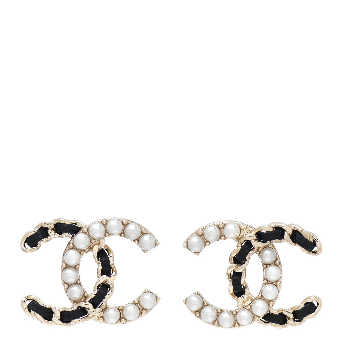 Pearl Lambskin Chain CC Stud Earrings Gold Black
