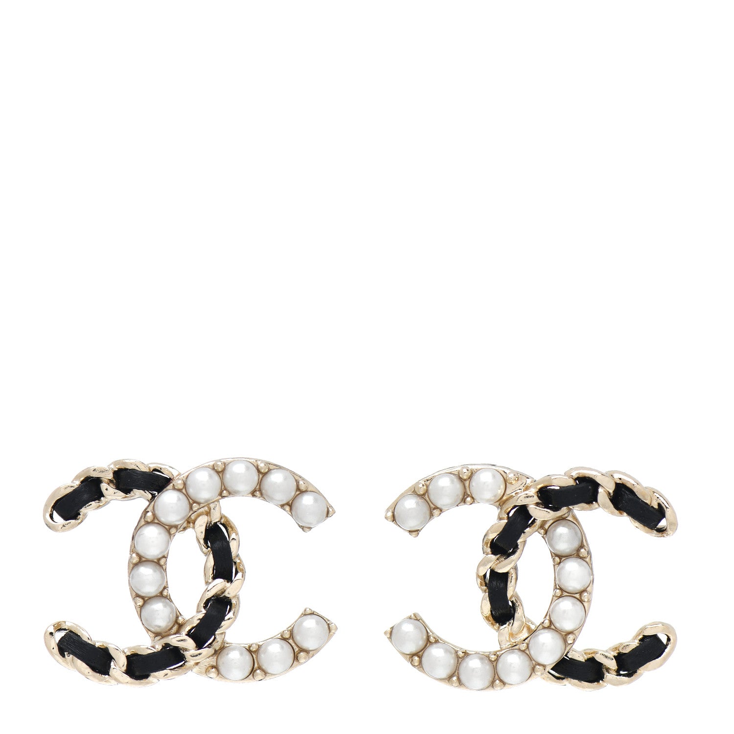 Chanel Pearl Lambskin Chain CC Stud Earrings Gold Black 1 of 5