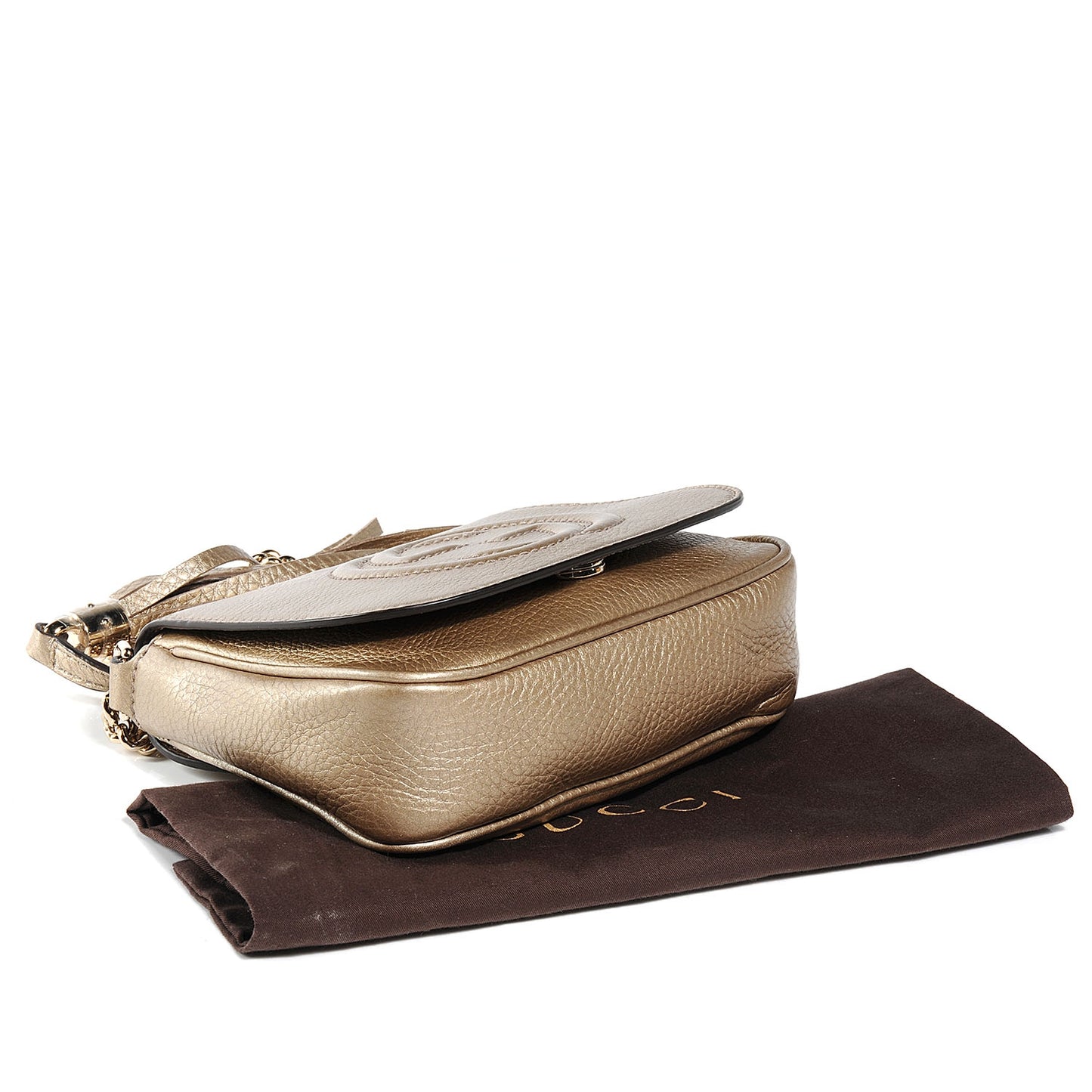 Metallic Pebbled Calfskin Small Soho Flap Crossbody Golden Beige